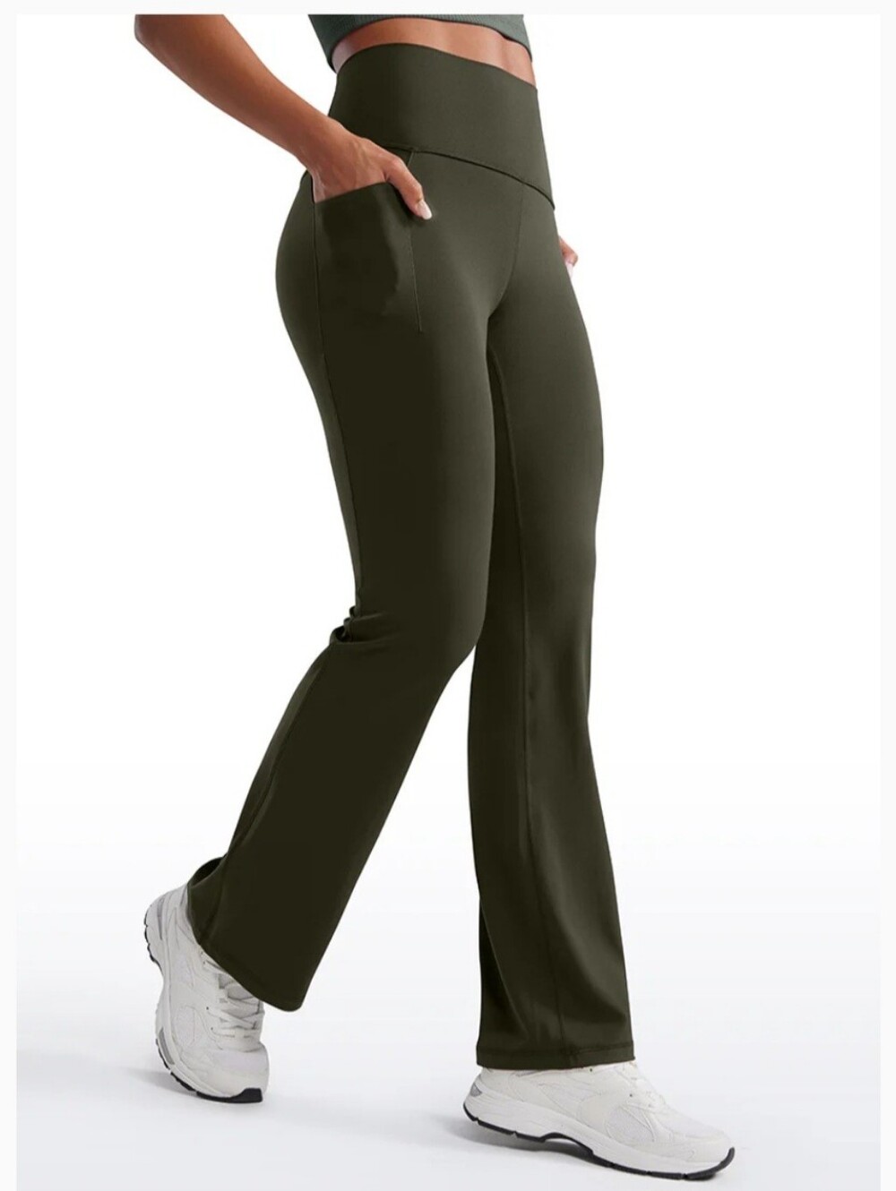 CRZ YOGA Olive Green High-Rise Flare Leggings with Side Pockets